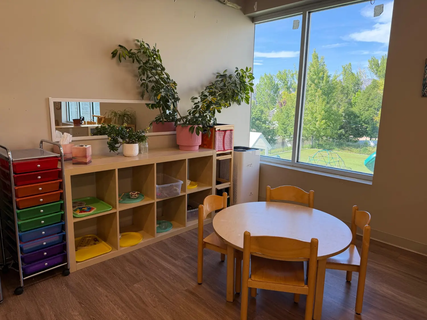 Child-sized tables with natural light